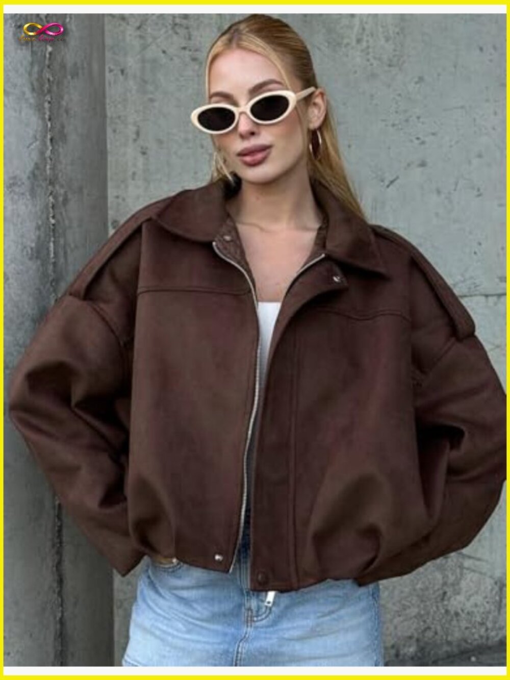 Oversized Faux Suede Bomber Jacket Batwing Long Sleeve Cropped Zip Up Streetwear - Picture 2 of 7